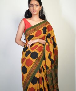 Cotton Printed Ajrakh Saree by Mirra Clothing