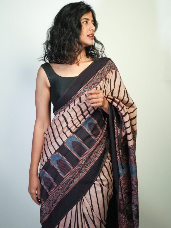 Tussar on Cotton Ajrakh Printed saree by Mirra clothing