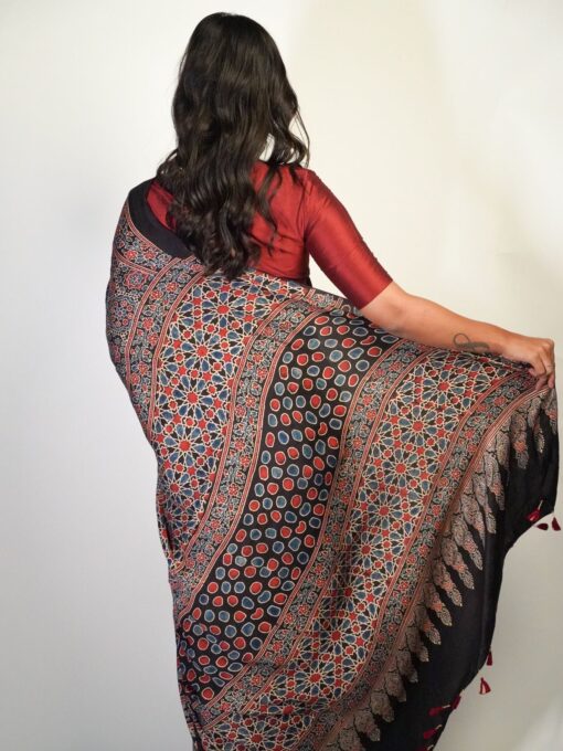 Elegant Printed Ajrakh Modal Silk Saree by Mirra Clothing