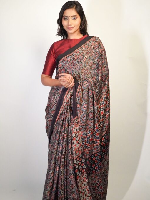 Modal Silk Ajrakh Saree by Mirra Clothing