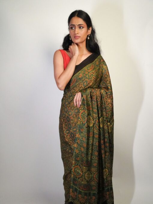 Drapes Well Ajrakh Modal Silk Saree by Mirra Clothing