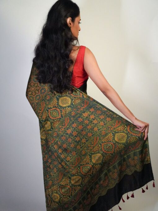 Beautiful green printed Ajrakh Saree by Mirra Clothing