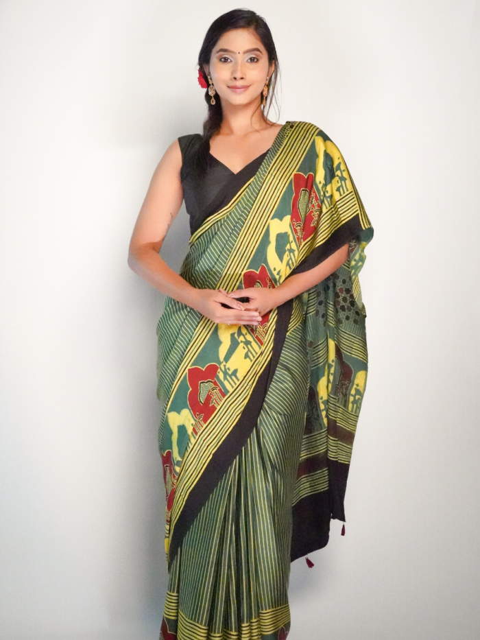Printed Modal Ajrakh Silk Saree By Mirra Clothing
