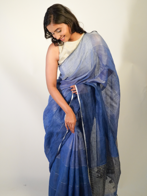 Elegant Ombre Blue Handwoven Linen Saree By Mirra Clothing