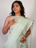 Elegant Sea Green Linen Saree By Mirra Clothing