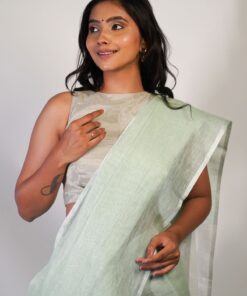 Elegant Sea Green Linen Saree By Mirra Clothing