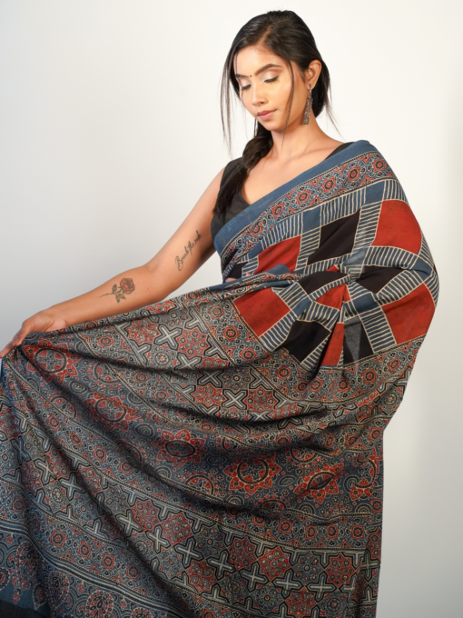 Printed Ajrakh Cotton Saree By Mirra Clothing