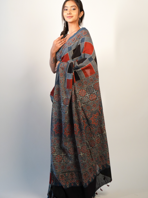 Elegant Ajrakh Cotton Silk Saree By Mirra Clothing