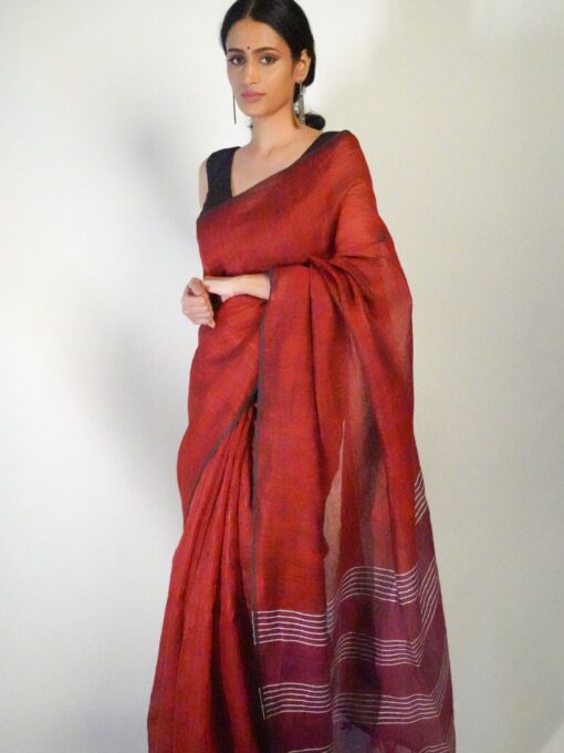 Elegant Maroon Linen Saree By Mirra Clothing