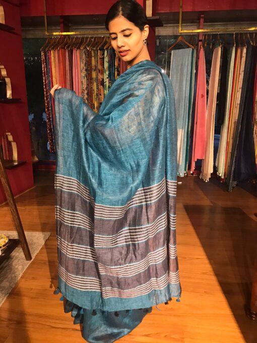 Elegant Ombre Blue Linen Saree by Mirra Clothing