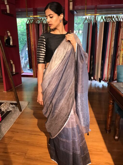 Ombre Grey linen saree by Mirra Clothing