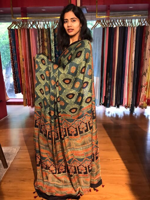 Nice Ajrakh Modal silk sarees by mirra clothing