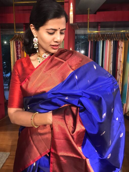 Beautiful Royal Blue Kanjivaram Silk Saree By Mirra Clothing.