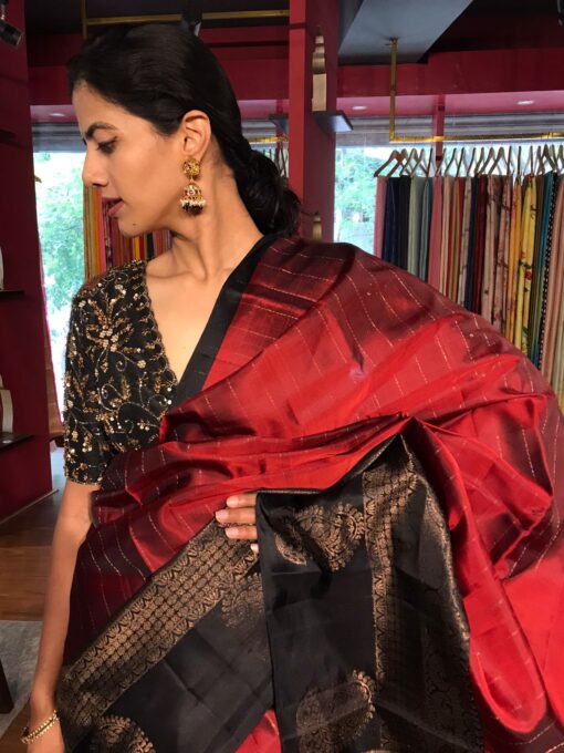 Arakku Red Kanchivaram Silk Saree with Antique Zari Weaves Saree By Mirra Clothing