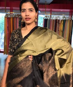 Sage Green Kanchivaram Silk Saree with Gold Zari Weaves by Mirra Clothing