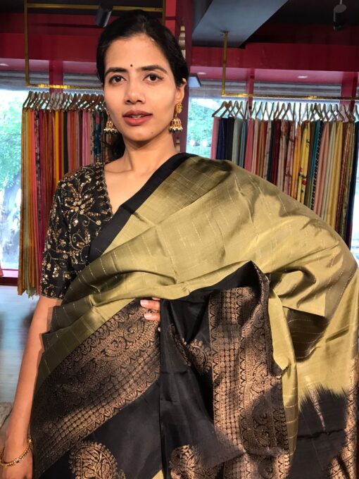 Sage Green Kanchivaram Silk Saree with Gold Zari Weaves by Mirra Clothing