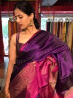 Purple Kanchivaram Silk Saree with Gold Zari Weaves by Mirra Clothing