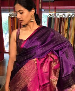 Purple Kanchivaram Silk Saree with Gold Zari Weaves by Mirra Clothing