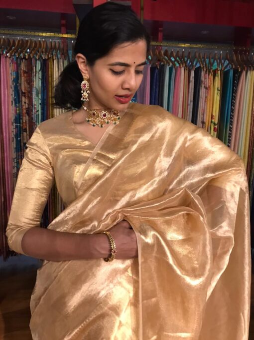 Champagne Gold Tissue Silk Saree by Mirra Clothing