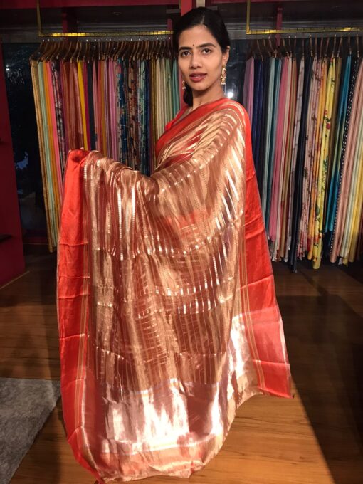 Paired up with Red Raw Silk Blouse Tissue Saree By Mirra Clothing