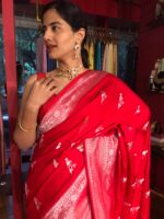 Scarlet Red Crepe Silk Saree with Silver Zari Weaves by Mirra Clothing