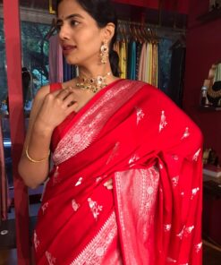 Scarlet Red Crepe Silk Saree with Silver Zari Weaves by Mirra Clothing