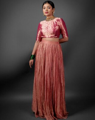 Pink Crushed Tissue Silk Lehenga by Mirra Clothing