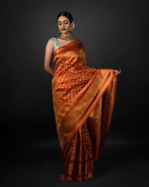 Gold Zari weaves tissue saree by Mirra Clothing