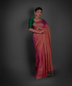 Front view of a model showcasing a Ombre Pink Tissue Linen Saree , Suitable for occasions By Mirra Clothing