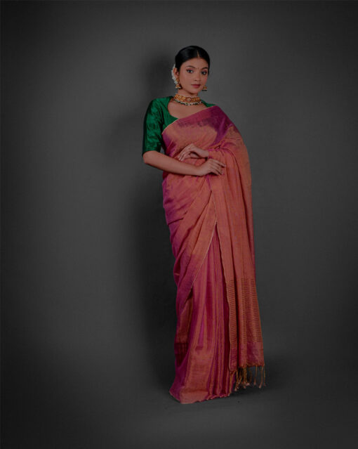 Front view of a model showcasing a Ombre Pink Tissue Linen Saree , Suitable for occasions By Mirra Clothing