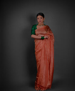 Full view of a model showcasing Orange Tissue Silk Saree , Well-suited for parties By Mirra Clothing