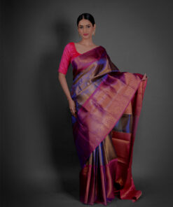 Full view of a model showcasing Purple Tissue Kora Silk Saree with contrast border, Stylish wear for festive occasions By Mirra Clothing