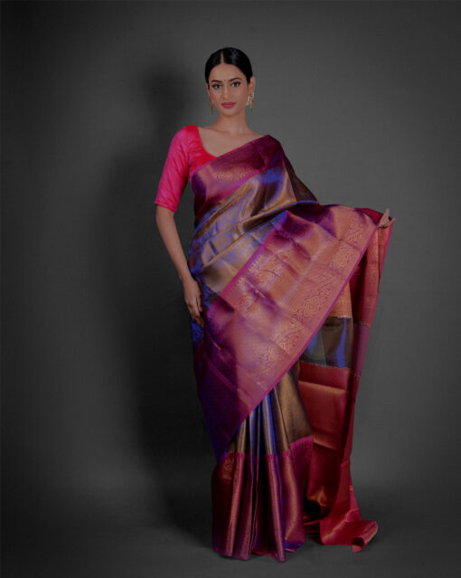 Full view of a model showcasing Purple Tissue Kora Silk Saree with contrast border, Stylish wear for festive occasions By Mirra Clothing