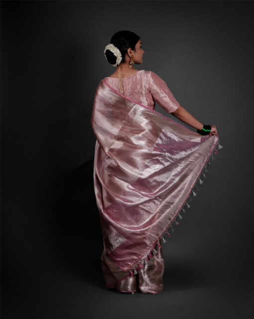 Back view of a model showcasing Blush Pink Brocade Tissue Silk Saree , Ideal for celebratory outfits. By Mirra Clothing