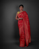 Full view of a model showcasing Peachy Red Banarasi Silk Saree Highlighted with Embroidery, Ideal for celebrations like Durga Puja or Navratri By Mirra Clothing