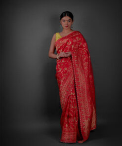 Full view of a model showcasing Peachy Red Banarasi Silk Saree Highlighted with Embroidery, Ideal for celebrations like Durga Puja or Navratri By Mirra Clothing