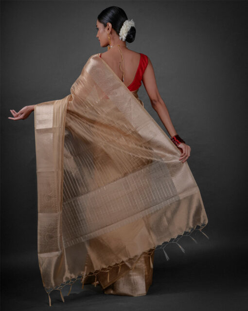 Back view of a model showcasing Ivory Tissue Silk Saree with Gold Zari Stripes, Suitable for formal dinners or corporate events By Mirra Clothing