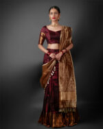 Full view of a model showcasing Coffee Brown Silk Half Saree Set with Tissue Silk Dupatta, Gorgeous lehenga for pre-wedding festivities By Mirra Clothing