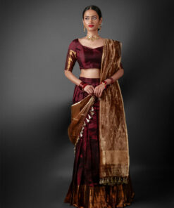 Full view of a model showcasing Coffee Brown Silk Half Saree Set with Tissue Silk Dupatta, Gorgeous lehenga for pre-wedding festivities By Mirra Clothing