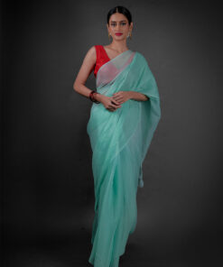 Full view of a model showcasing Mint Blue Chiffon Saree With Badla Work, Comfortable saree for day-to-day use by Mirra clothing