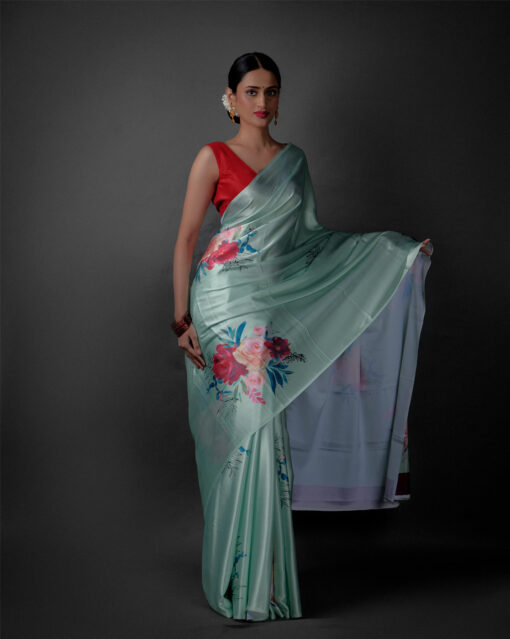 Side view of a model showcasing Sea Green Printed Satin Saree , Perfect for home gatherings by Mirra Clothing