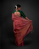 Back view of a model showcasing Ombre Pink Tissue Linen Saree , Suitable Suitable for elegant affairs By Mirra Clothing