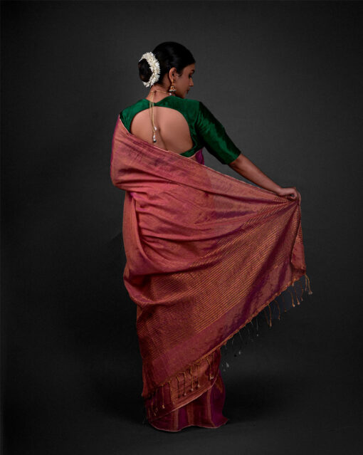 Back view of a model showcasing Ombre Pink Tissue Linen Saree , Suitable Suitable for elegant affairs By Mirra Clothing