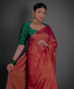 Close up view of a model showcasing Ombre Red Tissue Linen Saree , Suitable for social events By Mirra Clothing