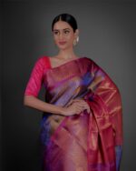 Close up view of a model showcasing Purple Tissue Kora Silk Saree with contrast border, Cheerful outfits for gatherings By Mirra Clothing