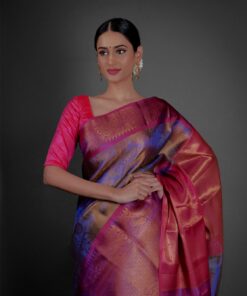 Close up view of a model showcasing Purple Tissue Kora Silk Saree with contrast border, Cheerful outfits for gatherings By Mirra Clothing