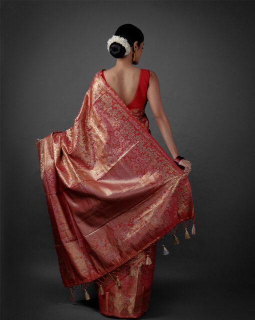 Back view of a model showcasing Red Banarasi Silk Saree with Gold Zari Weaves , Suitable for Festive Like Karwa chaut By Mirra Clothing