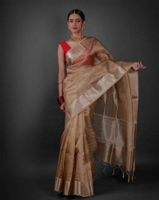 Front view of a model showcasing a Ivory Tissue Silk Saree with Gold Zari Stripes, Adds a touch of sophistication to evening gatherings. By Mirra Clothing