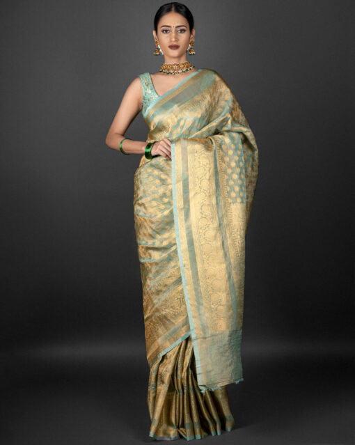 Gold Zari weaves tissue saree by Mirra Clothing