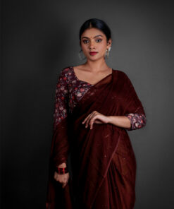 "Close-up of a delicate chiffon saree featuring Badle Work patterns by Mirra Clothing